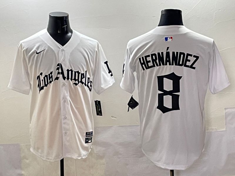 Men 2025 Los Angeles Dodgers #8 Hernandez White Five generations Joint Name Nike MLB Jersey style 518